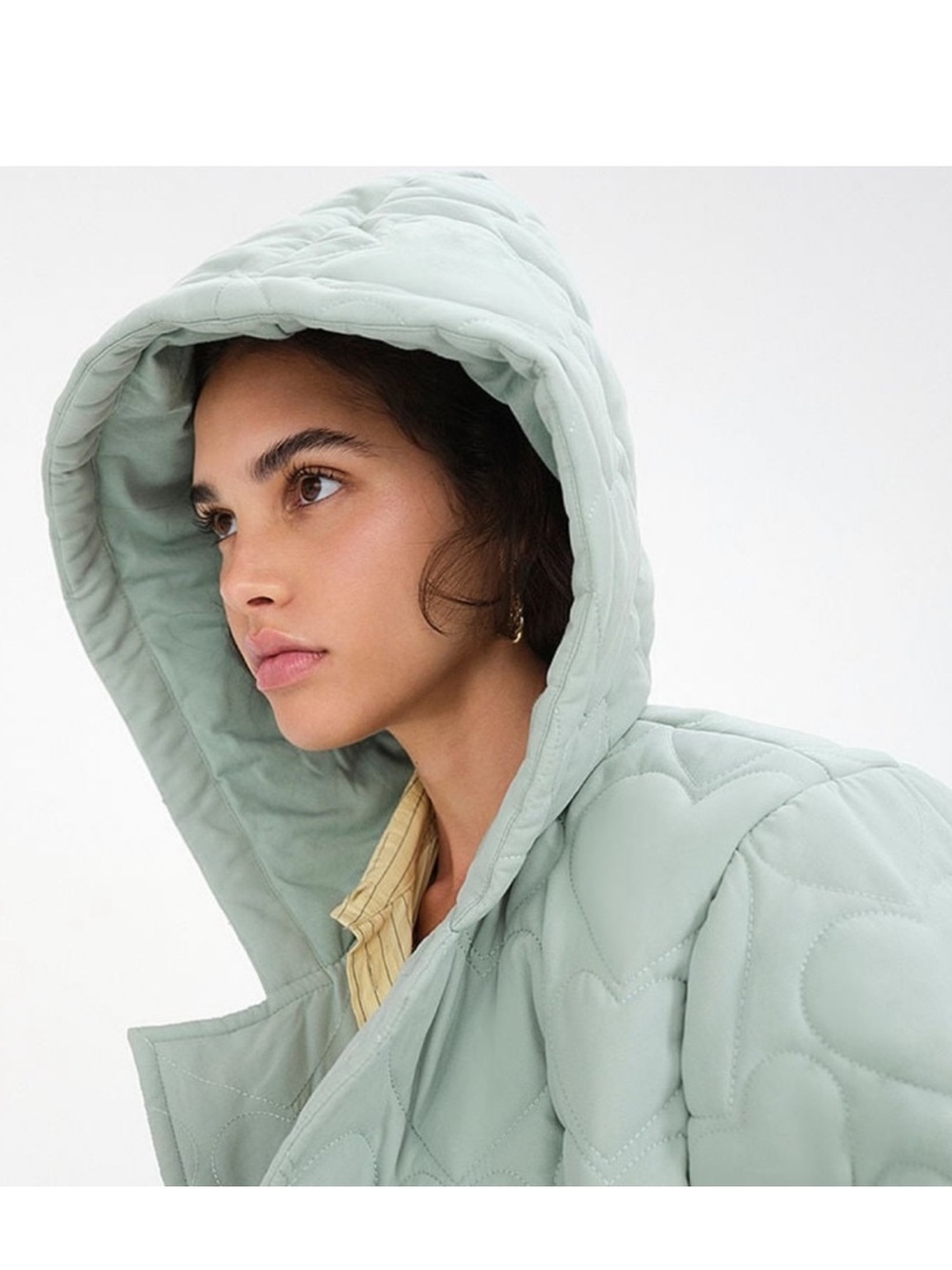For Love & Lemons Minty Quilted Long Heart Hooded Puffer Coat